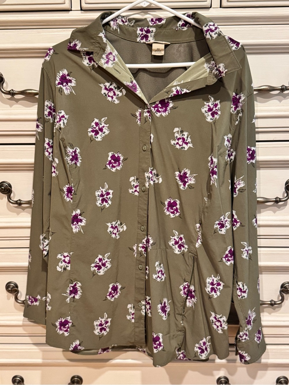 Women’s Duluth Olive Floral Button-Up Top with Purple Accents